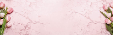 Beautiful tulips on pink marble table, top view. Banner design with space for textの写真素材