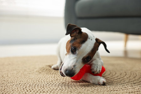 Jack Russell dog chewing toy on floor at home