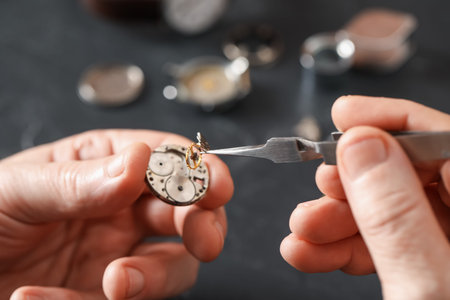 Senior man fixing mechanism of vintage wrist watch at black table, closeup