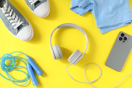 Headphones, smartphone, jumping rope, shoes and clothes on yellow background, flat lay