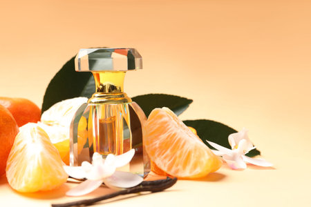 Bottle of aromatic perfume, fresh tangerines, green leaves, vanilla pods and orchid flowers on...