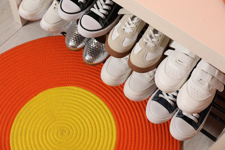 Shoe storage bench with different children's footwear indoors, above view. Space for textの写真素材