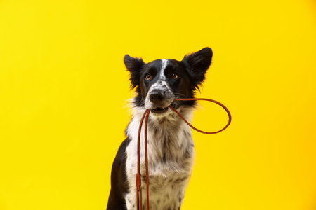 Cute Border Collie dog holding leash in mouth against yellow backgroundの写真素材