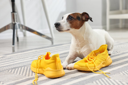 Naughty Jack Russell dog and damaged sneakers on floor at home