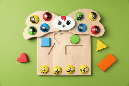 Magnetic sorting set for children with wooden hen and geometric figures on green background, flat...