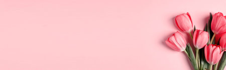 Beautiful tulips on pink background, top view. Banner design with space for textの写真素材