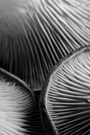 Oyster mushrooms, closeup view. Black and white effect