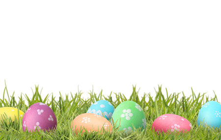 Easter eggs in green grass against white background