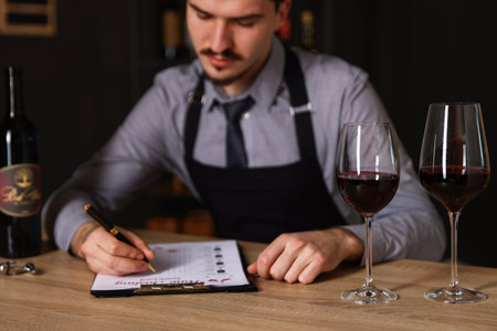 Professional sommelier filling out wine tasting card at wooden table, selective focusの写真素材