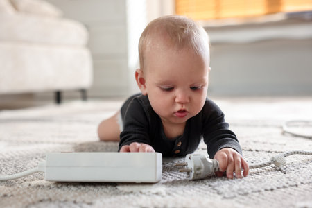 Child safety at home. Little girl playing with extension cord on floor indoors