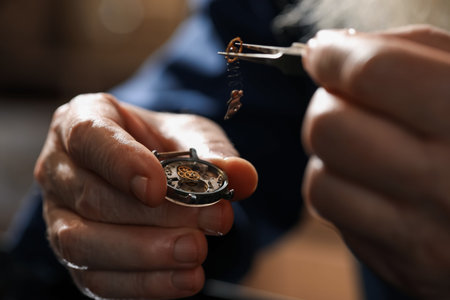 Senior man fixing mechanism of vintage wrist watch indoors, closeup