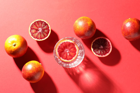 Refreshing drink in glass and oranges on red background, flat lay