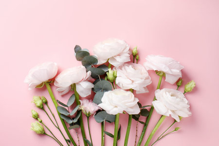 Beautiful white flowers and eucalyptus on pink background, flat lay. Space for text
