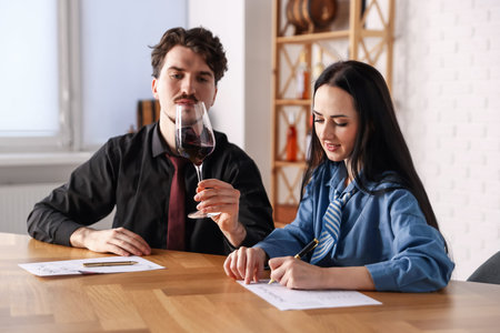 Professional sommeliers with glass of red wine filling out tasting card at wooden table indoors