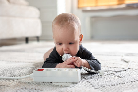 Child safety at home. Little girl playing with extension cord on floor indoors