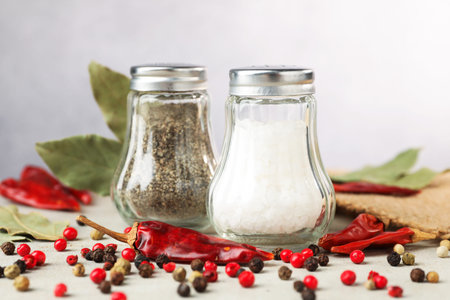 Salt and pepper shakers with spices on light gray table, closeup