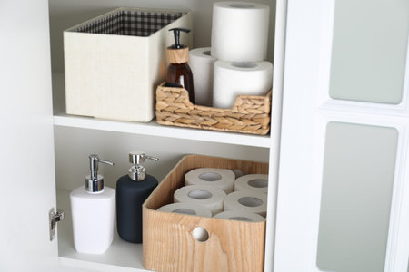 Toilet paper rolls and soap on shelf in cabinet, closeup