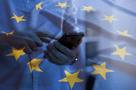 Visa application. Man using mobile phone, double exposure with flag of European Union