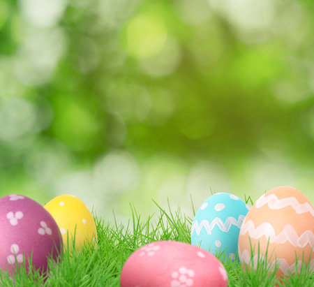 Easter eggs in green grass against blurred background