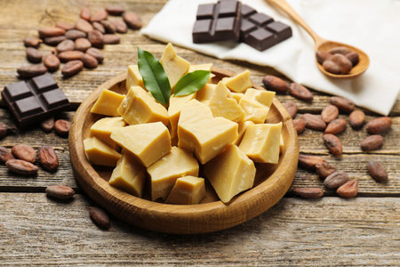 Organic cocoa butter, beans and chocolate pieces on wooden table, closeup