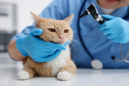 Professional veterinarian examining cute ginger cat in clinic, closeup