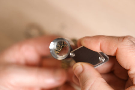 Senior man fixing mechanism of vintage wrist watch at table, closeup