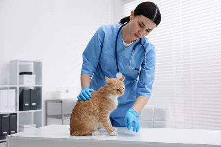 Professional veterinarian with ginger cat in clinic