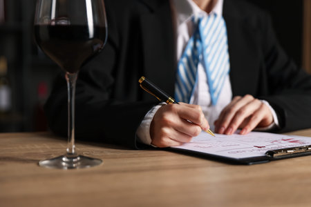 Professional sommelier filling out wine tasting card at wooden table, closeupの写真素材