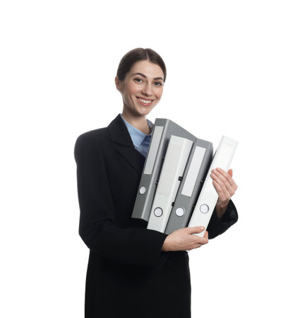 Professional accountant with folders on white background