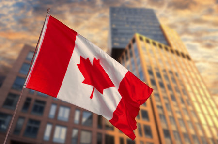 Flag of Canada waving against building outdoors.