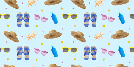 Summer seamless pattern of different seasonal objects on light blue backgroundの写真素材