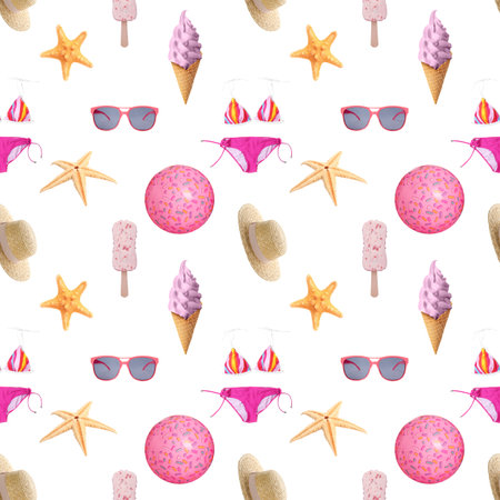Summer seamless pattern of different seasonal objects on white backgroundの写真素材
