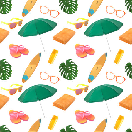 Seamless pattern of different summer objects on white background