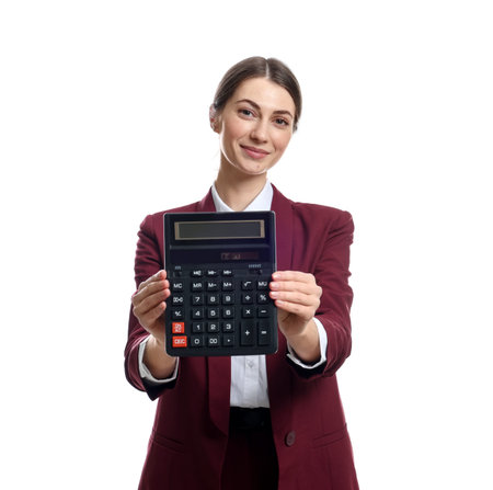 Portrait of accountant with calculator on white backgroundの写真素材