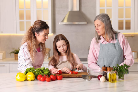 Grandmother, her daughter and granddaughter cooking together at white marble table in kitchen