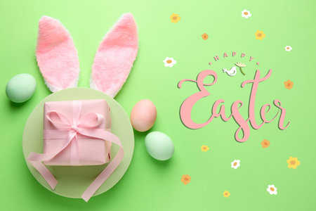 Happy Easter greeting card or poster with bunny ears headband, painted eggs and gift box on light...