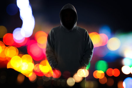 Person in hooded sweatshirt with blurred lights of night cityscape