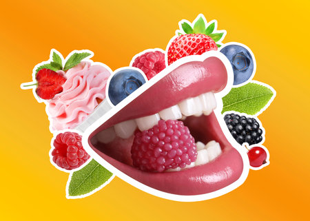 Creative collage with female lips, berries and cupcake on orange gradient background. summer vibe...