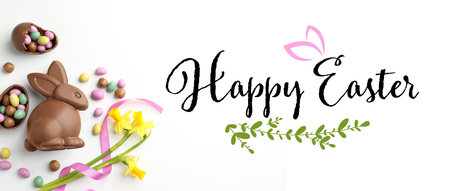 Happy Easter greeting poster with chocolate eggs, bunny, candies and daffodils on white background,...