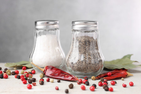 Salt and pepper shakers with spices on light gray table, closeup