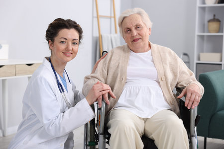 Smiling care worker and senior woman in wheelchair indoors