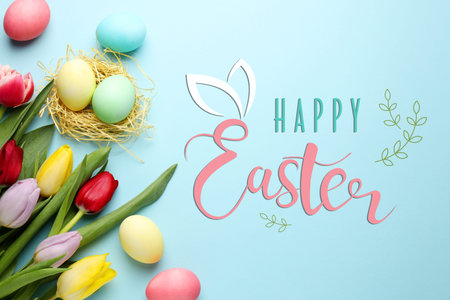Happy Easter greeting card or poster. Painted eggs and tulips on light blue background, top view