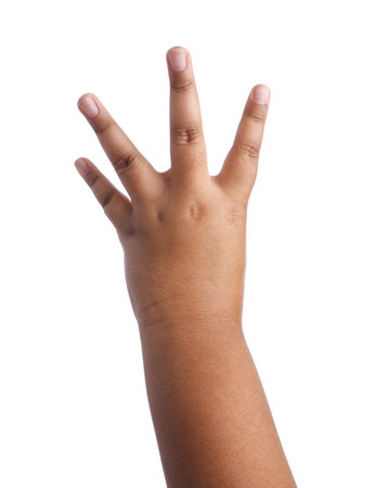 African-american boy showing four fingers on white background, closeup