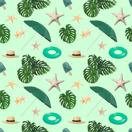 Seamless pattern of different summer objects on light turquoise backgroundの写真素材