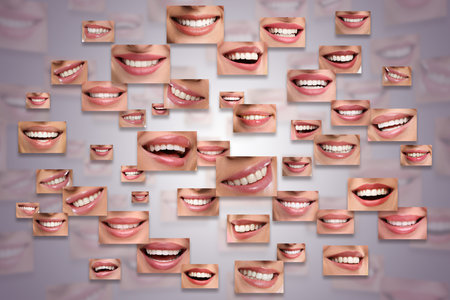 Collage with smiles of different people on grey gradient background. Dental care for teeth health