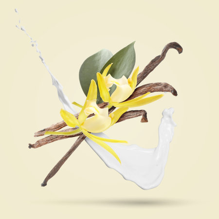 Vanilla pods, flowers and milk splash in air on beige background