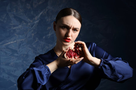 Beautiful woman with pomegranate on blue backgroundの写真素材