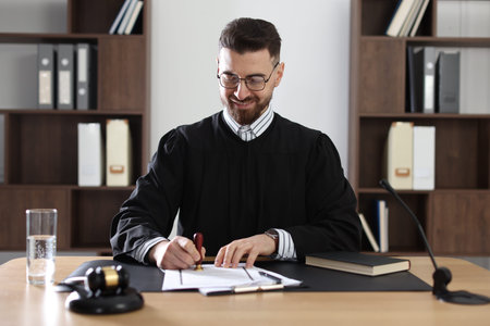 Smiling judge in glasses stamping document at table in office