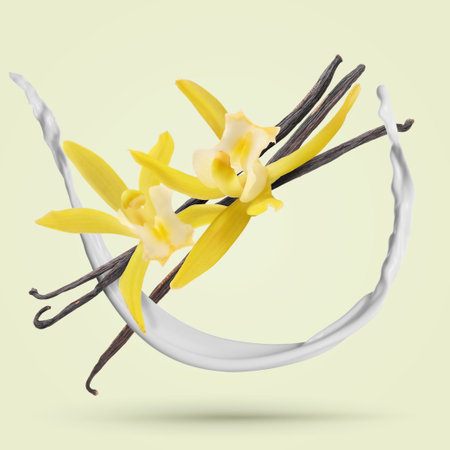 Vanilla sticks, flowers and milk splash in air on beige background