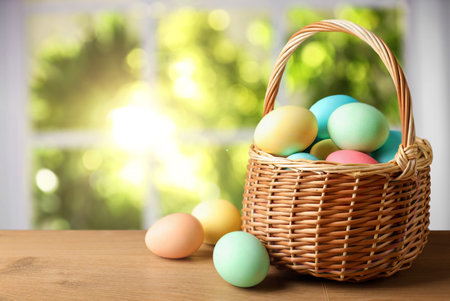 Easter eggs in wicker basket on table against blurred window. Space for text